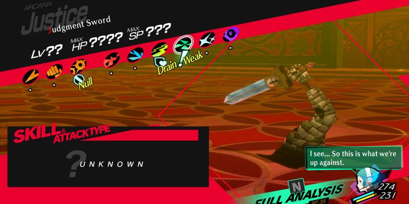 Image of all the weaknesses and resistances of the Judgement Sword boss in Persona 3 Reload