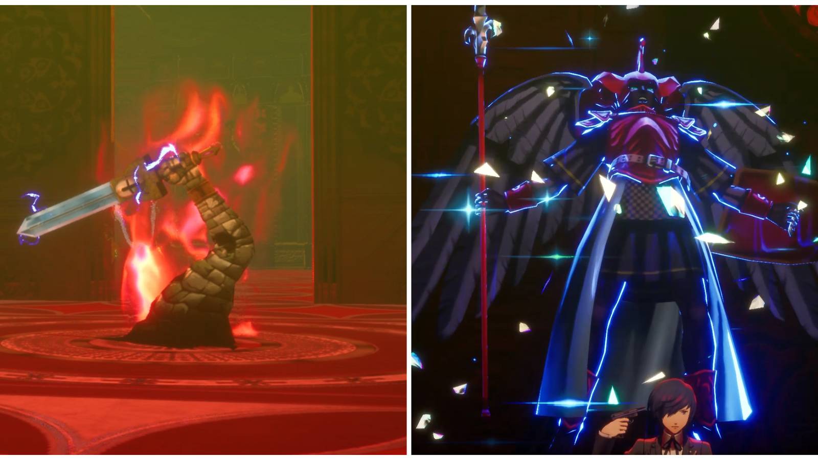 Split image of the Judgment Sword boss and the main character using the Persona, Power, in battle in Persona 3 Reload
