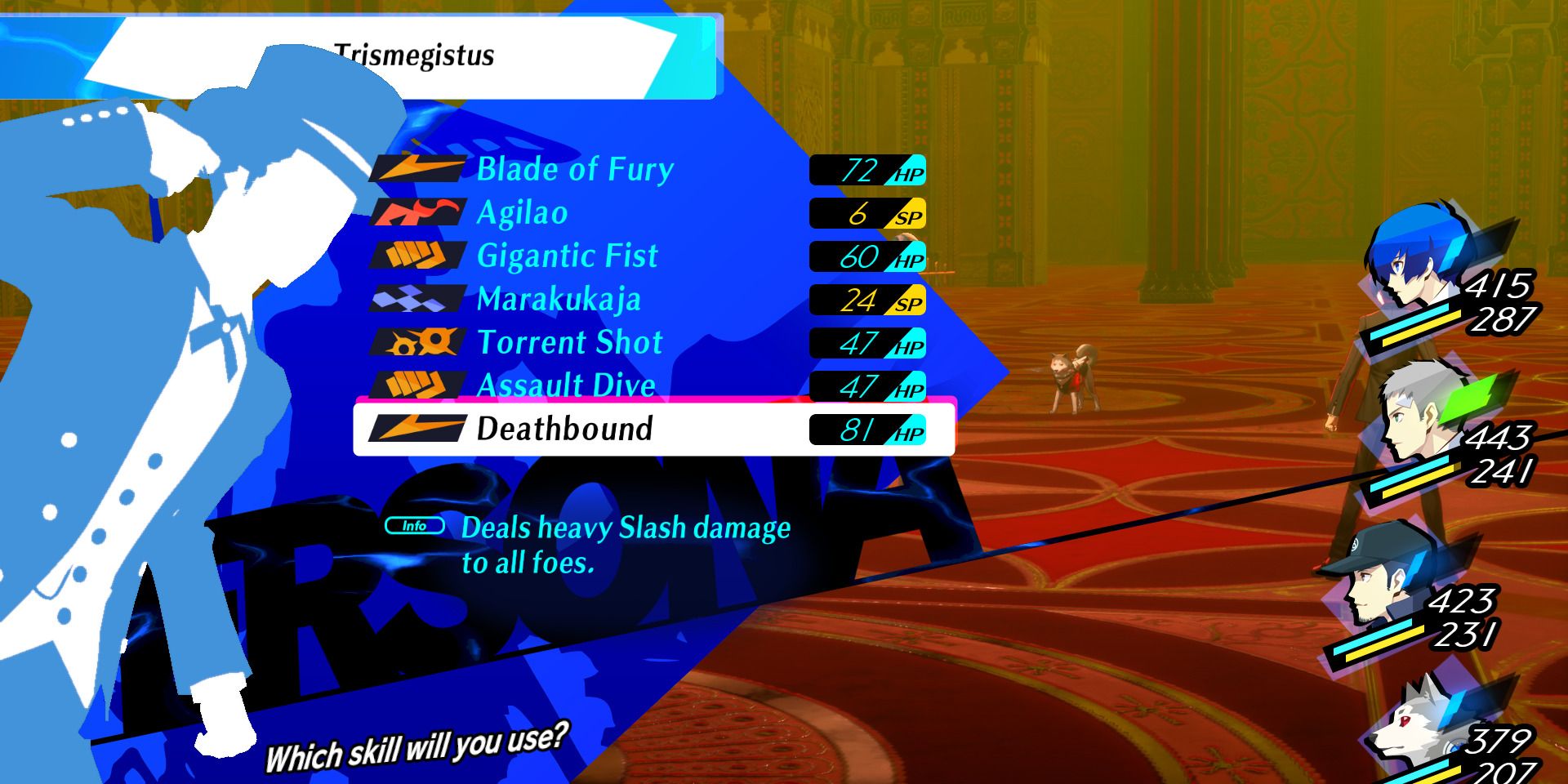 Image of Junpei using the skill Deathbound in Persona 3 Reload - For this fight, you'll want to solely use Slash attacks to exploit the Crazy Twins' weakness