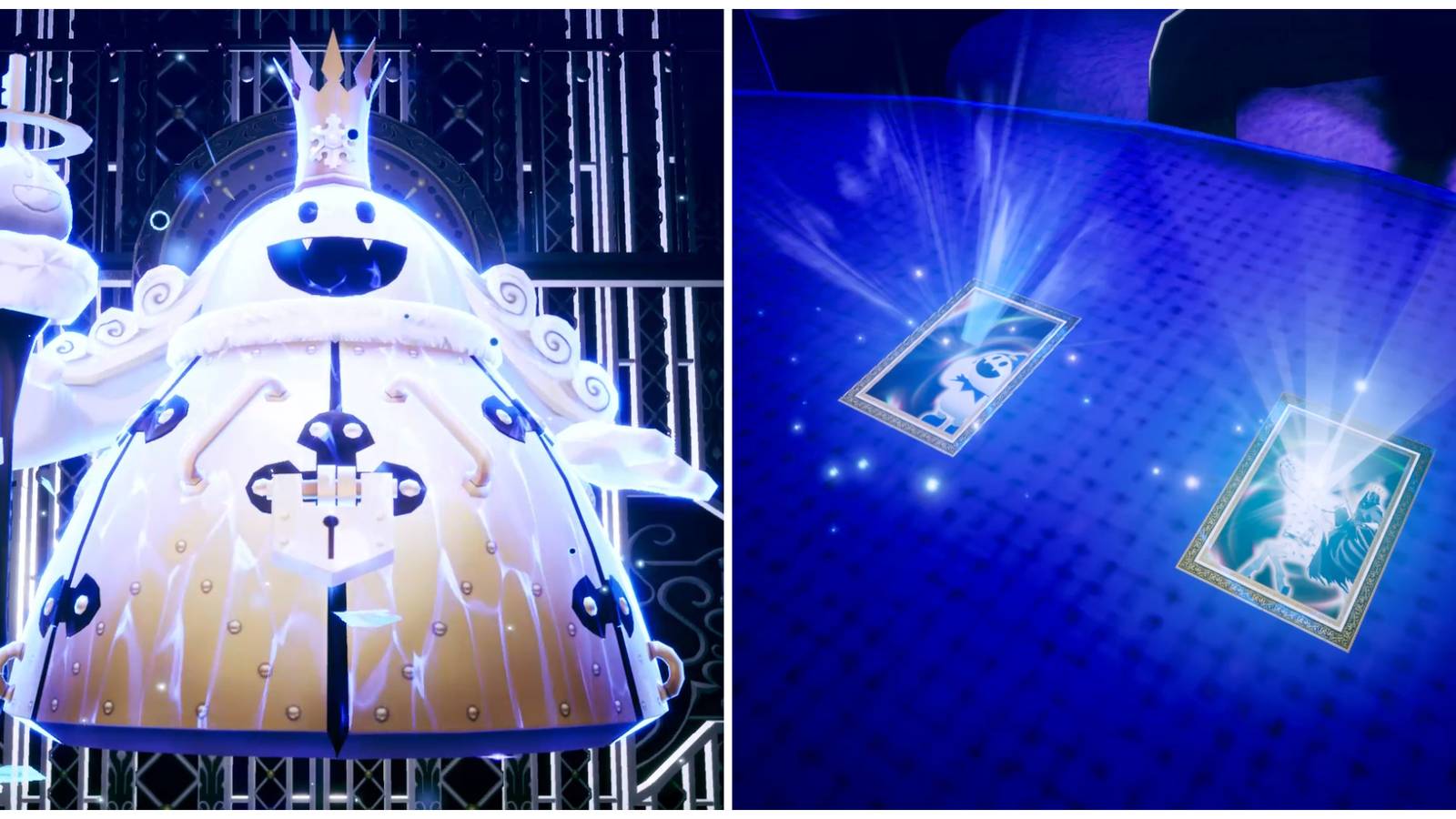 Split image of the Persona King Frost and two Personas being fused to make King Frost in Persona 3 Reload