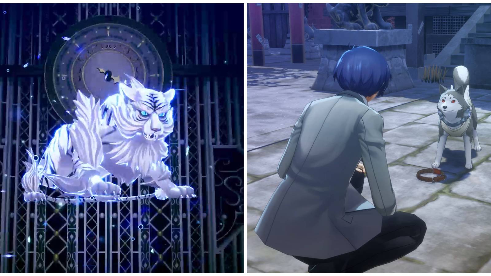 Split image of Byakko after being fused and Koromaru in his final Linked Episode in Persona 3 Reload
