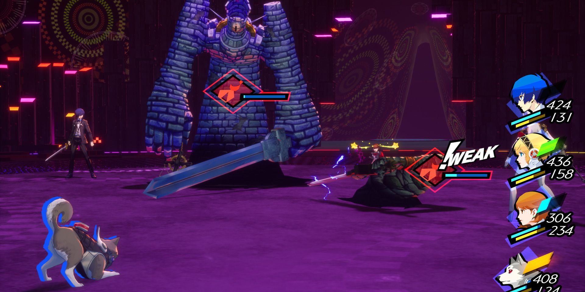 Image of Koromaru using a Fire attack on Merciless Judge and Executive Greatsword in Persona 3 Reload - Both Merciless Judge and Executive Greatsword avoid Electric attacks, so you won't want to use this element against the two of them