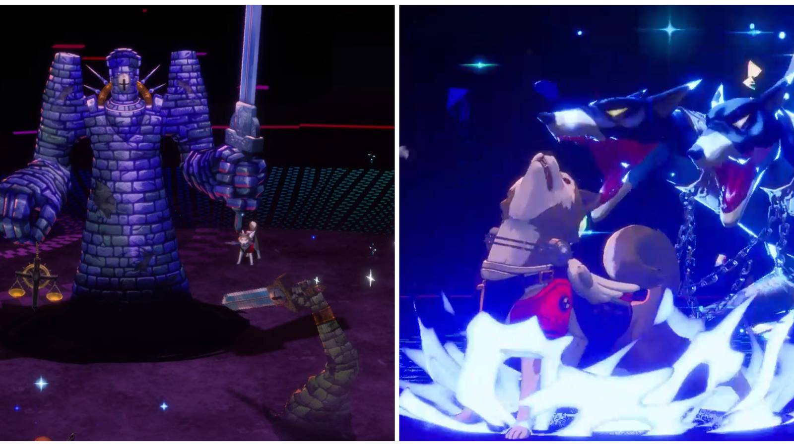 Split image of the Merciless Judge and Executive Sword bosses and Koromaru using an attack in Persona 3 Reload