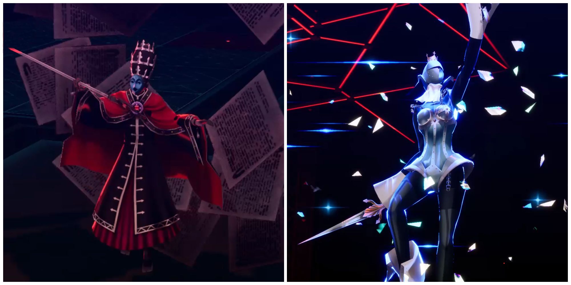 Split iamge of the Red Sigil boss and Mitsuru's Persona using an attack in Persona 3 Reload