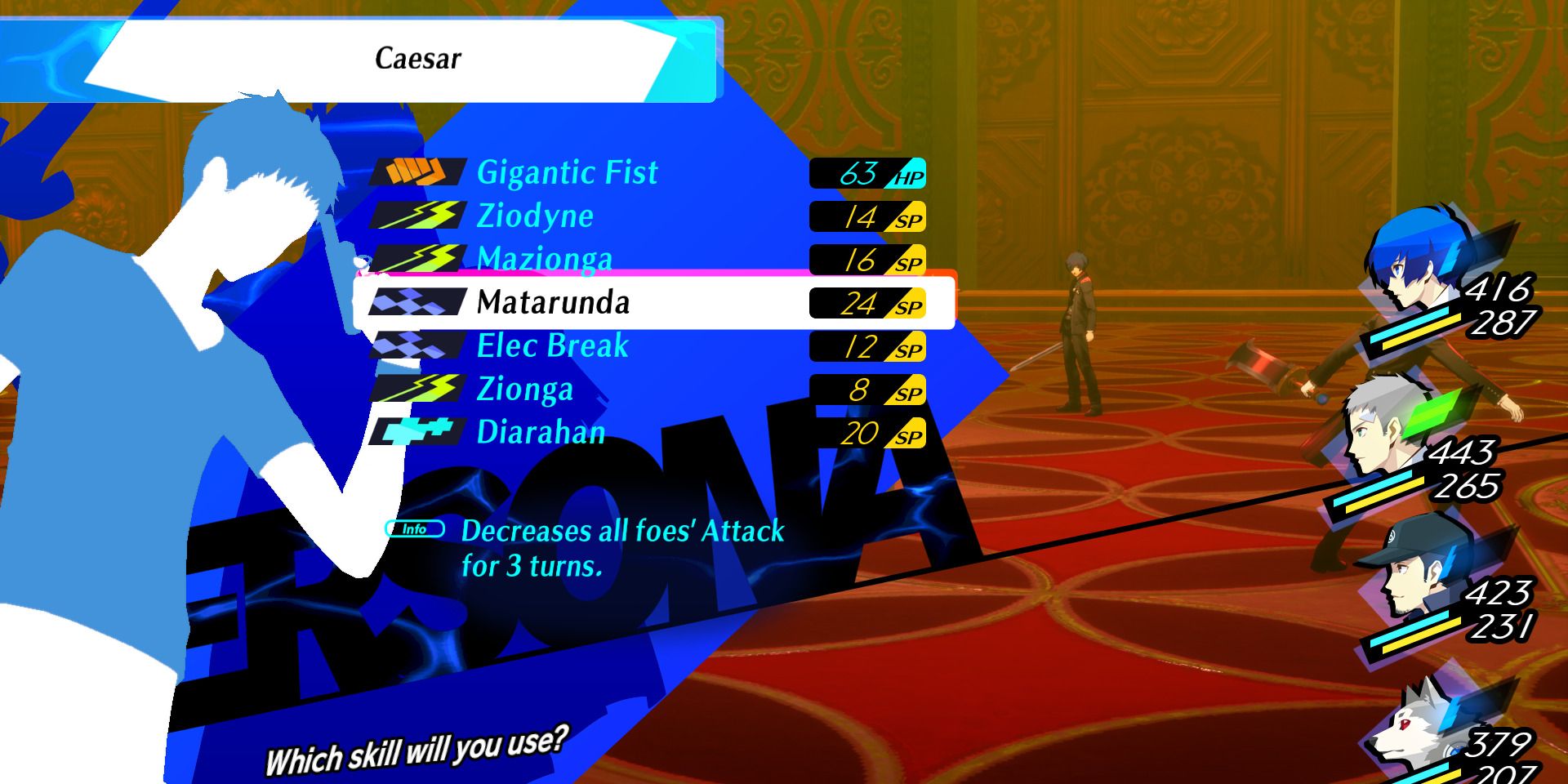 Image of Akihiko using the skill Matarunda in Persona 3 Reload - The Crazy Twins also have the ability to buff themselves, so you'll want to bring along some consumables to debuff them