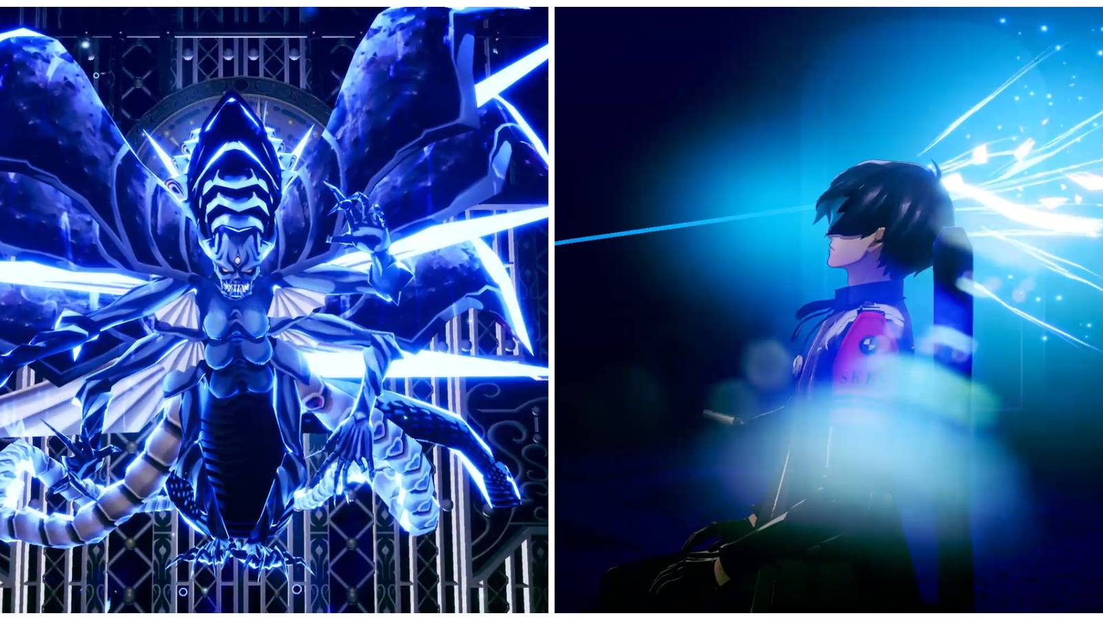 Split image of Satan after being fused and the main character fusing a Persona in Persona 3 Reload