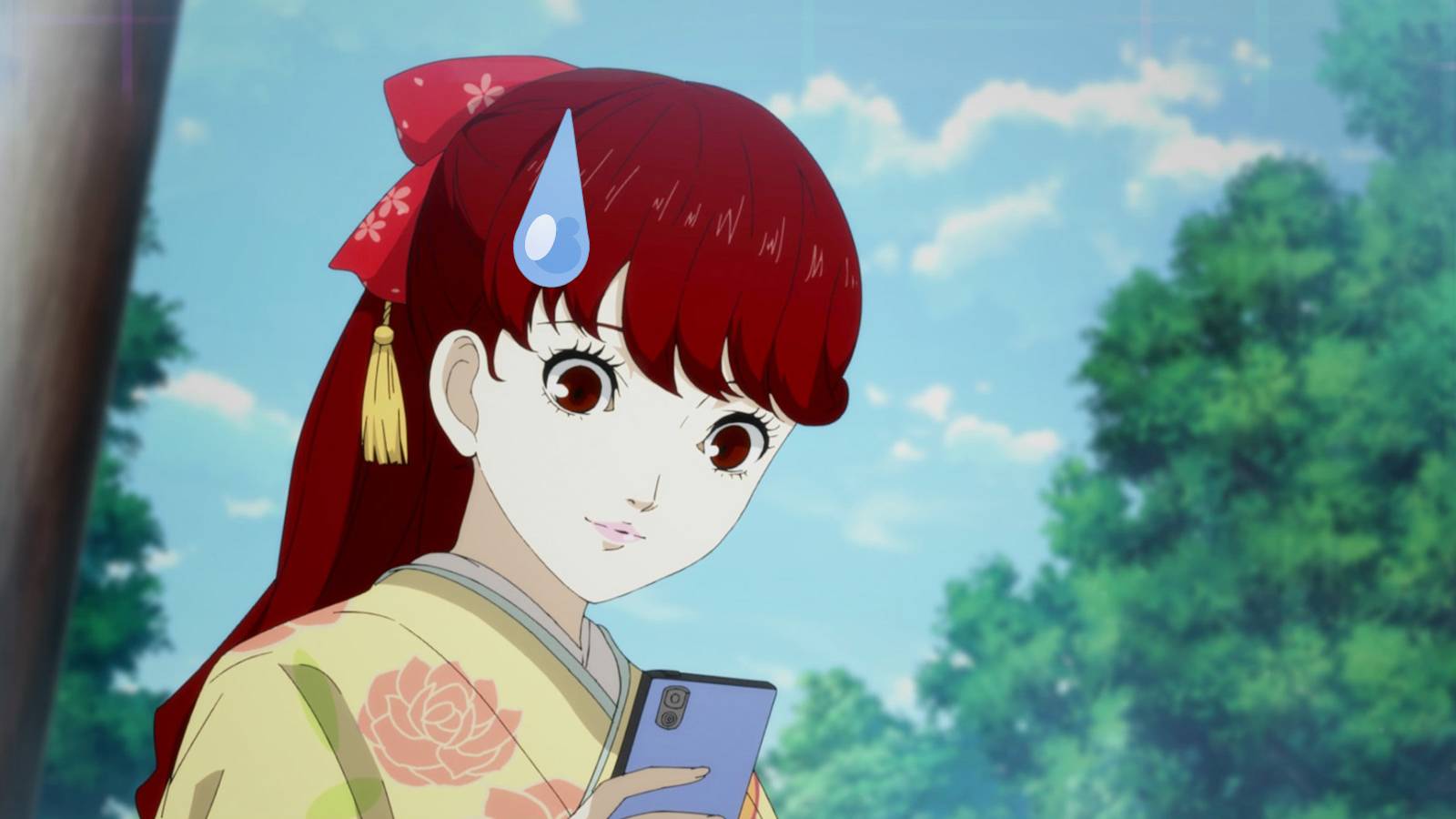 Persona 5 Royal nervous-looking Kasumi Sumire glancing at a smartphone in January