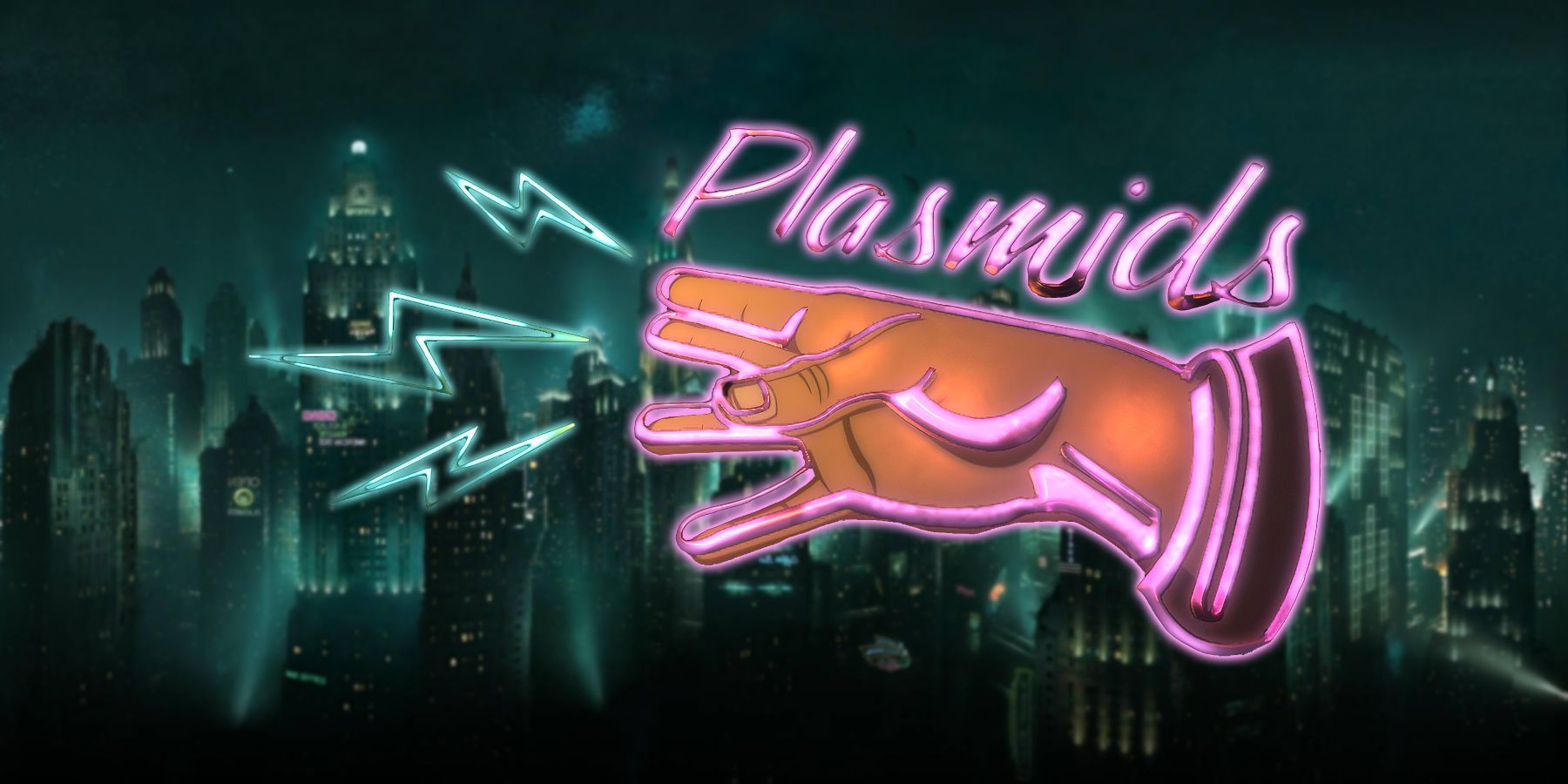 Plasmids neon sign over BioShock Rapture background