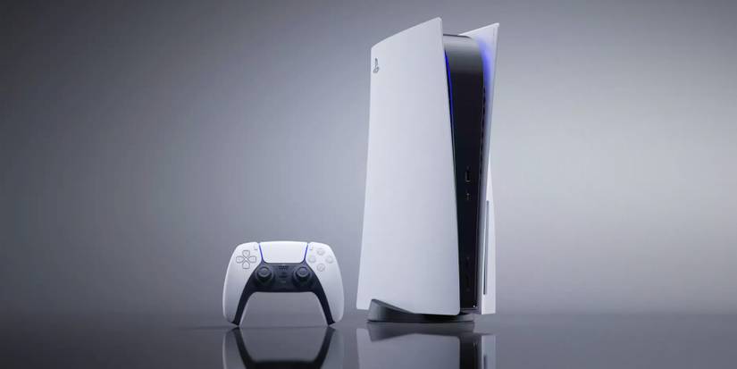 PlayStation 5 and DualSense controller on light gray background promo image