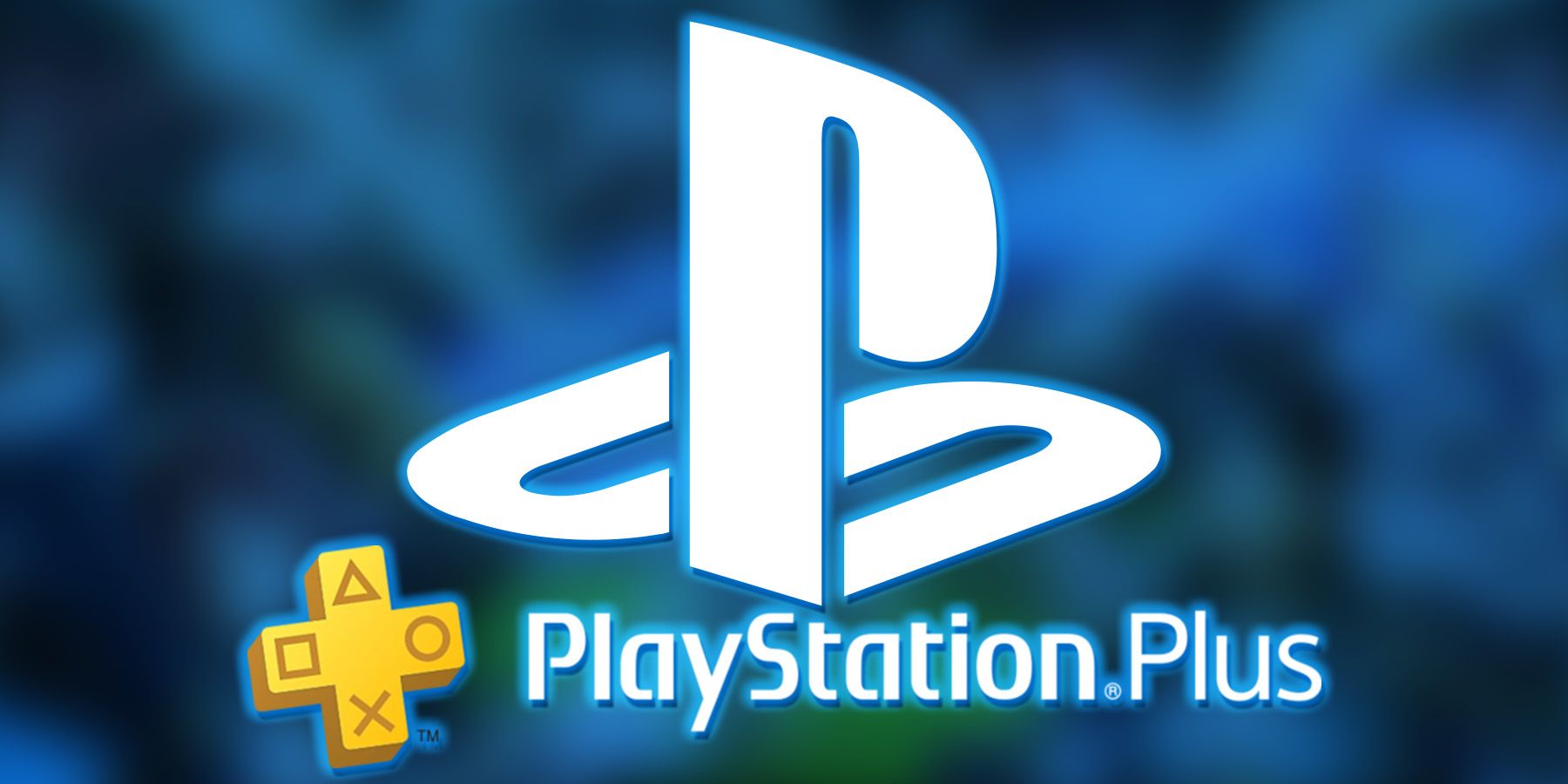 PlayStation emblem above PS Plus logo on blurred Warriors All-Stars promo screenshot with blue multiply filter