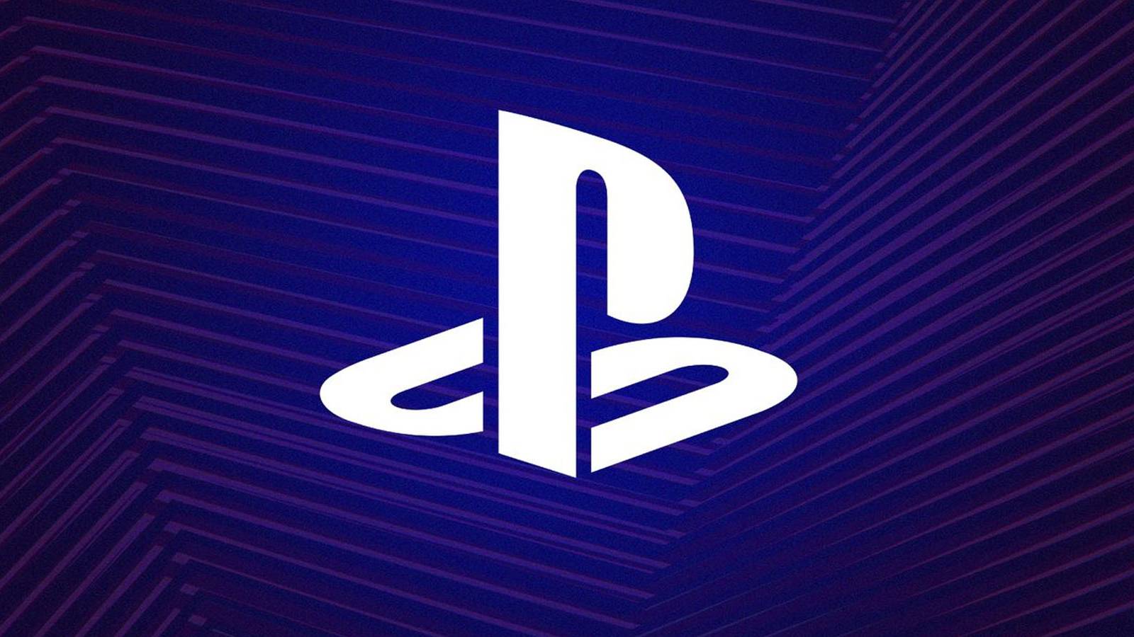 A white PlayStation logo set against a pattered blue and black background.