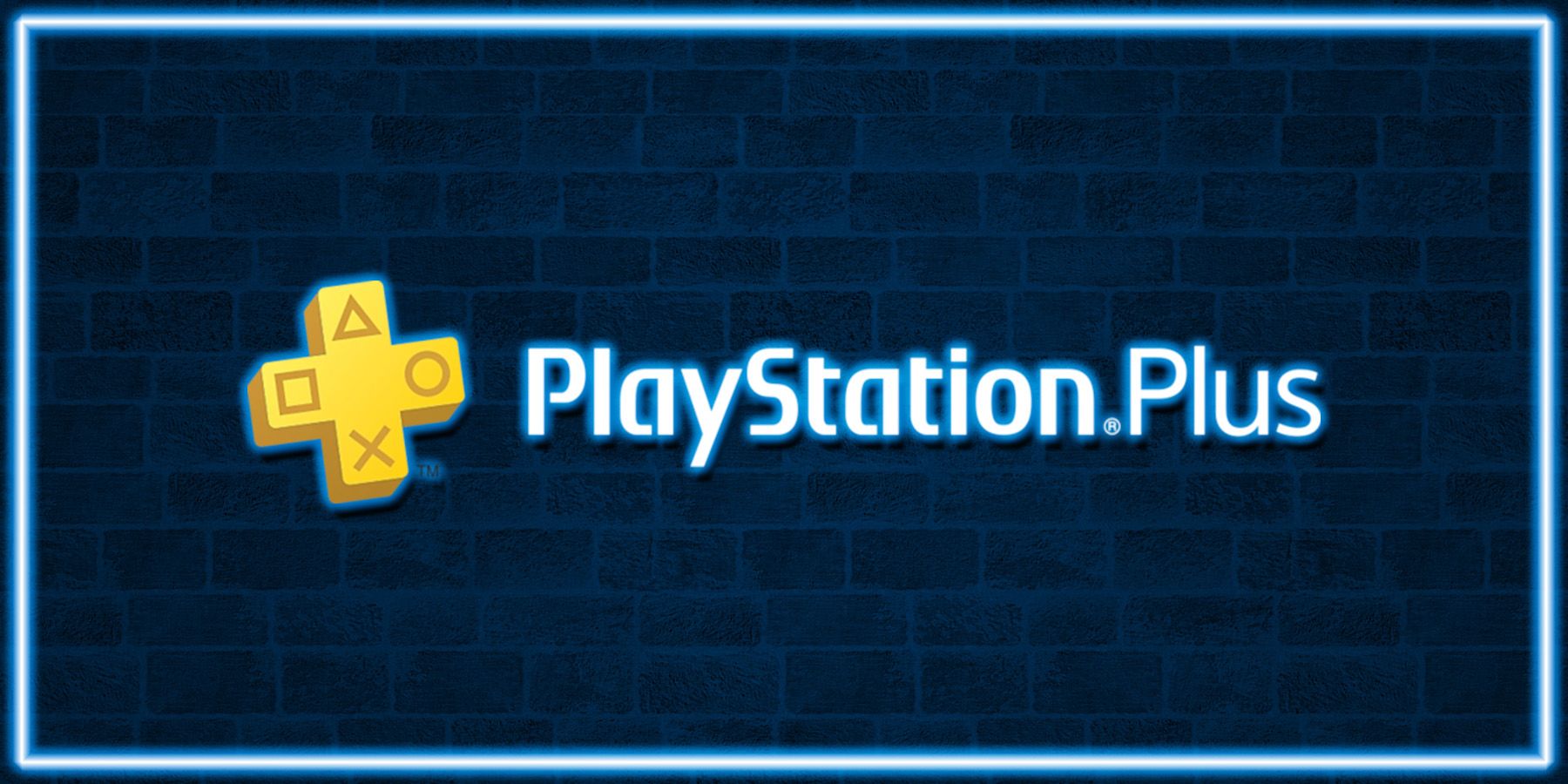PlayStation Plus PS Plus glowing logo on blue neon lit brick wall