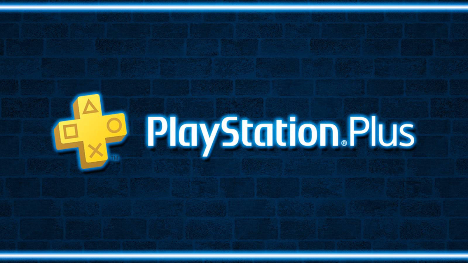 PlayStation Plus PS Plus glowing logo on blue neon lit brick wall