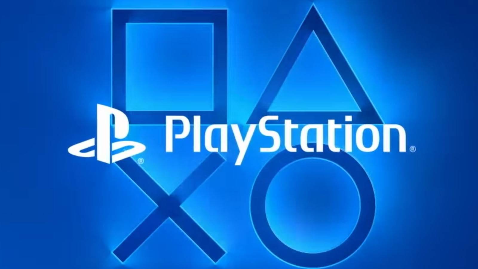 A white PlayStation logo and text in front of the four button symbols against a blue background.