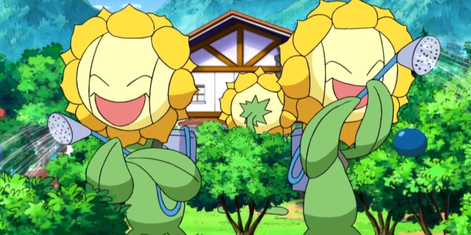 A screenshot from the Pokémon anime with two Sunfloras watering berries.