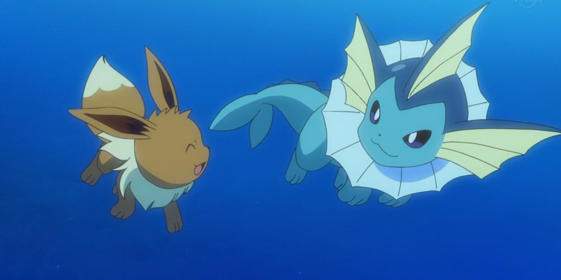 A screenshot of Eevee and Vaporeon swimming underwater in the Pokemon anime.