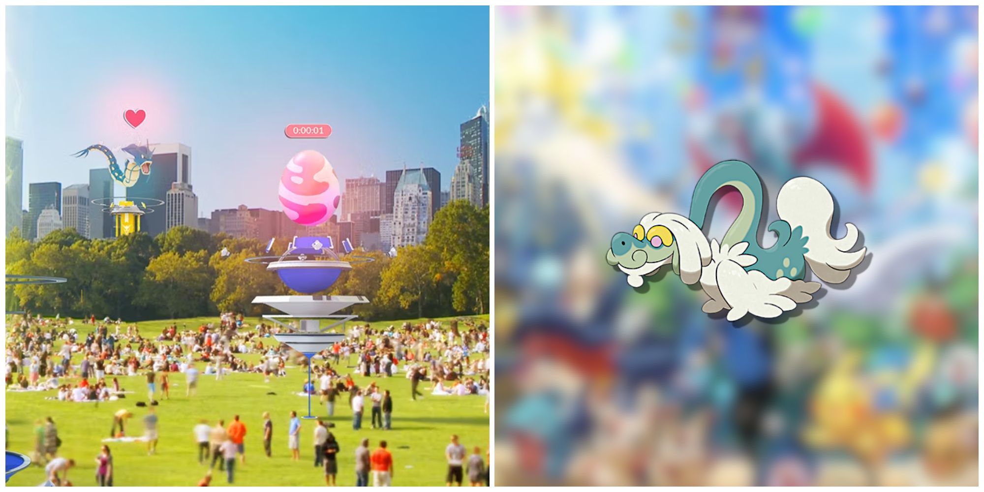 Split image of some Gyms and the Pokemon Drampa from Pokemon GO