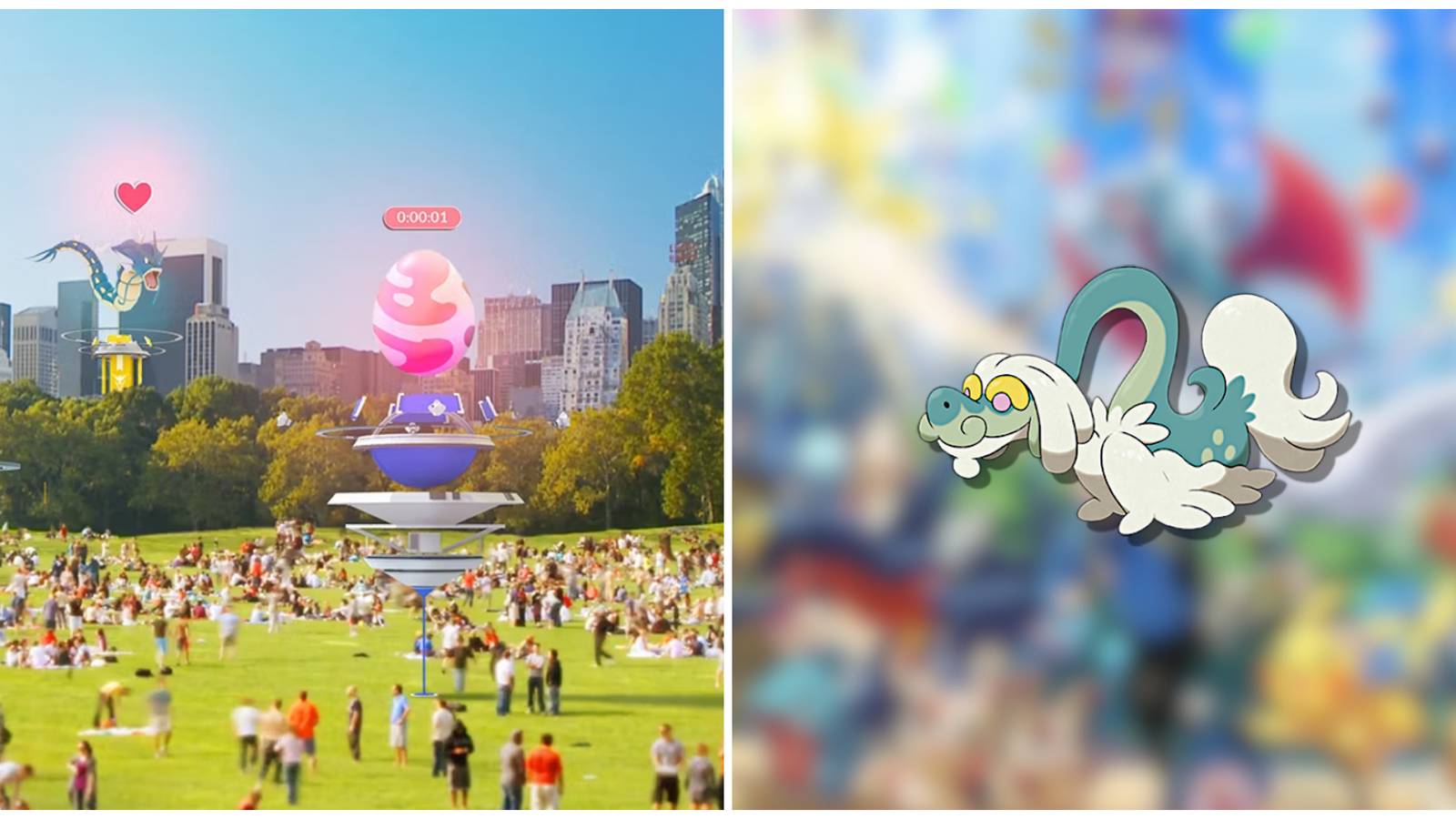 Split image of some Gyms and the Pokemon Drampa from Pokemon GO
