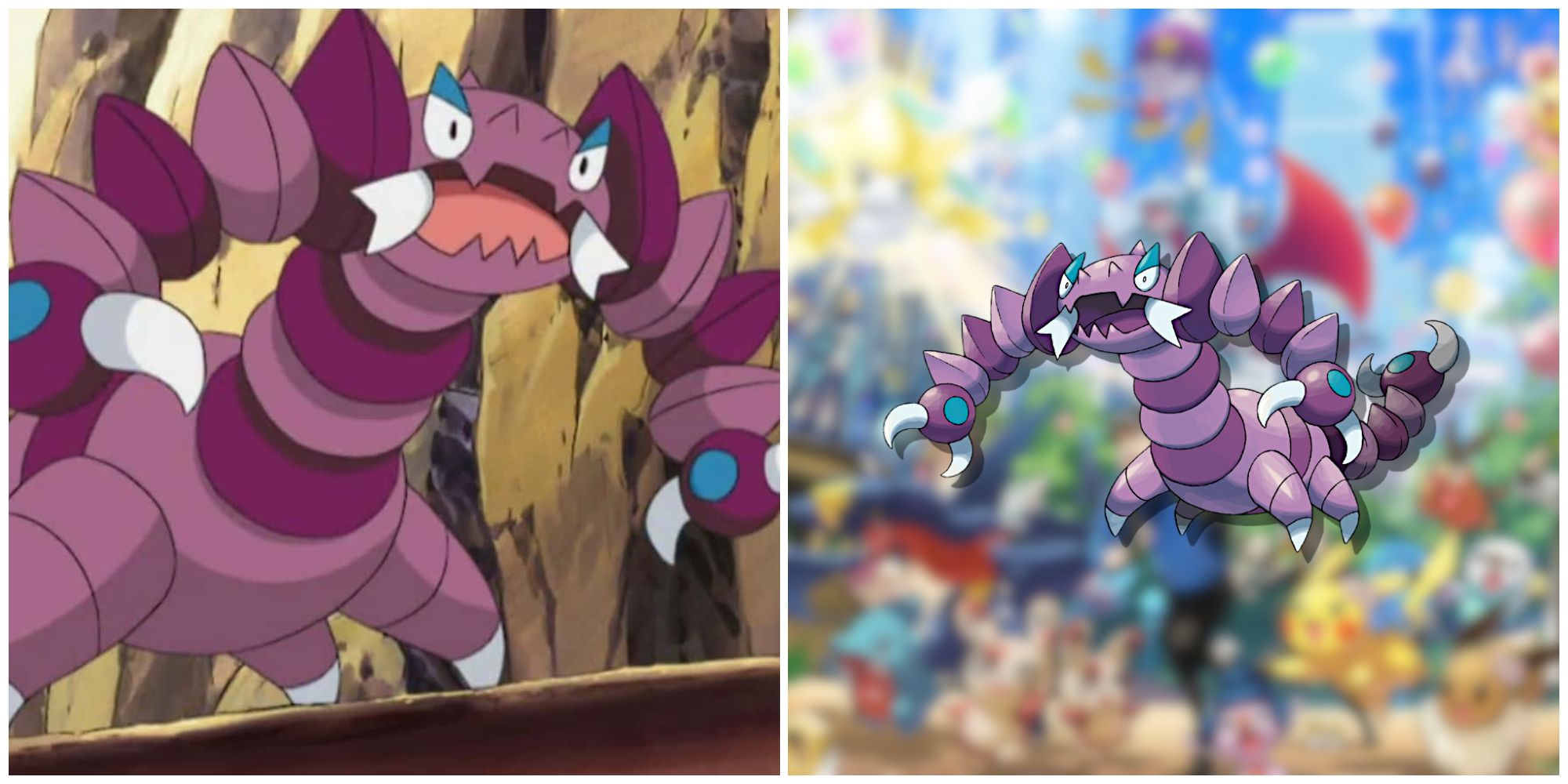 Split image of Drapion in the Pokemon anime and Drapion in the foreground from Pokemon GO