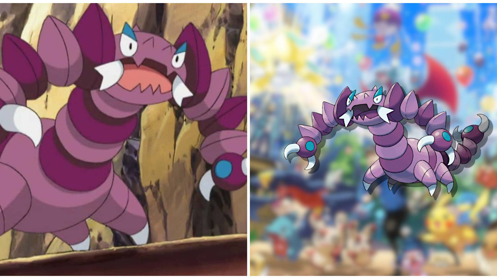 Split image of Drapion in the Pokemon anime and Drapion in the foreground from Pokemon GO