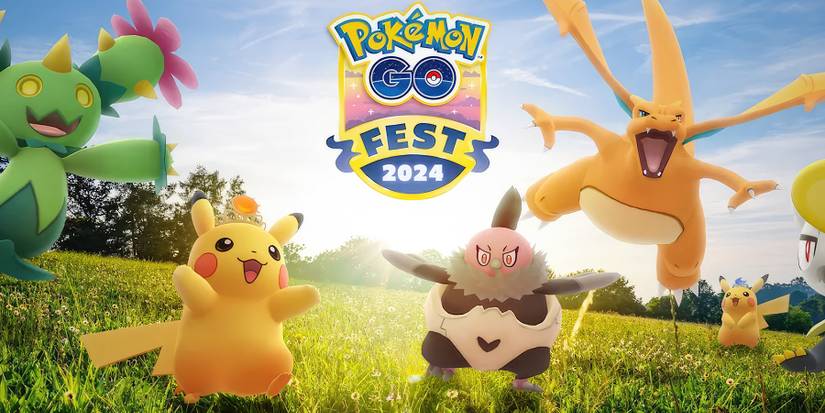 Pokemon GO Fest 2024 upscaled key art Pikachu Charizard on sunny meadow