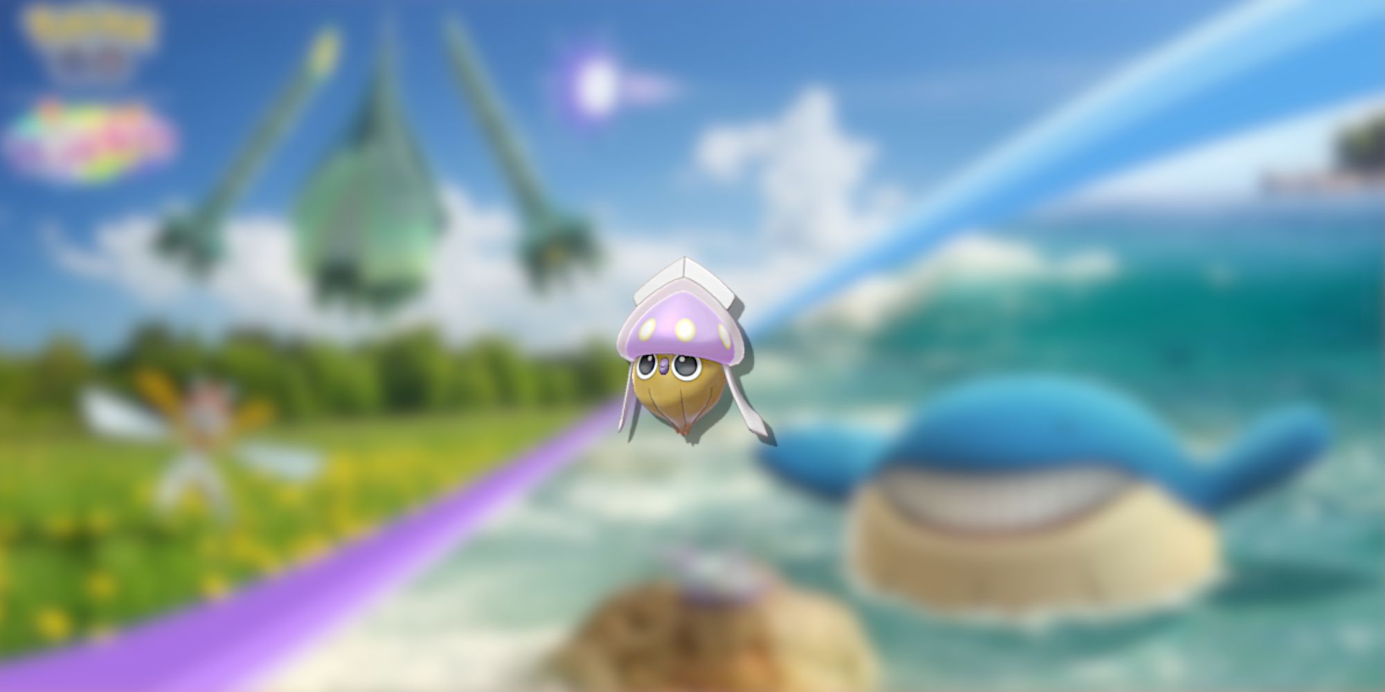 Image of the Pokemon Inkay in the foreground and the World of Wonders event in the background from Pokemon GO