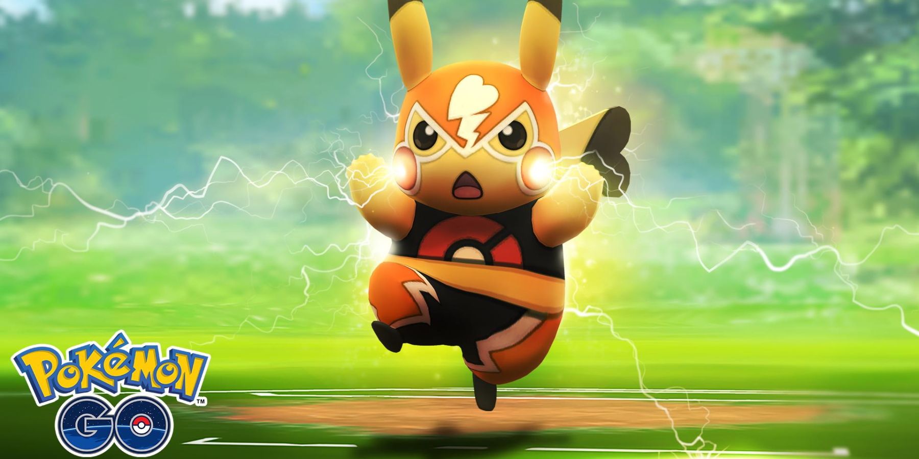A promotional image for Pokemon GO showing Libre Pikachu.