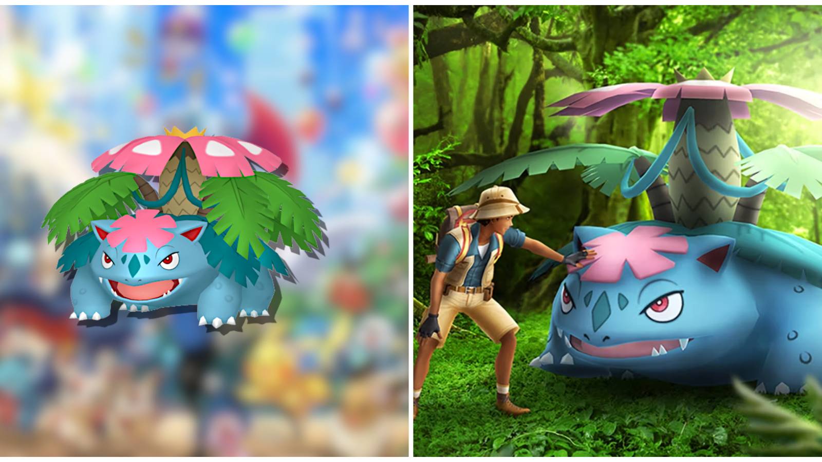 Split image of Mega Venusaur and a trainer approaching a Mega Venusaur in Pokemon GO