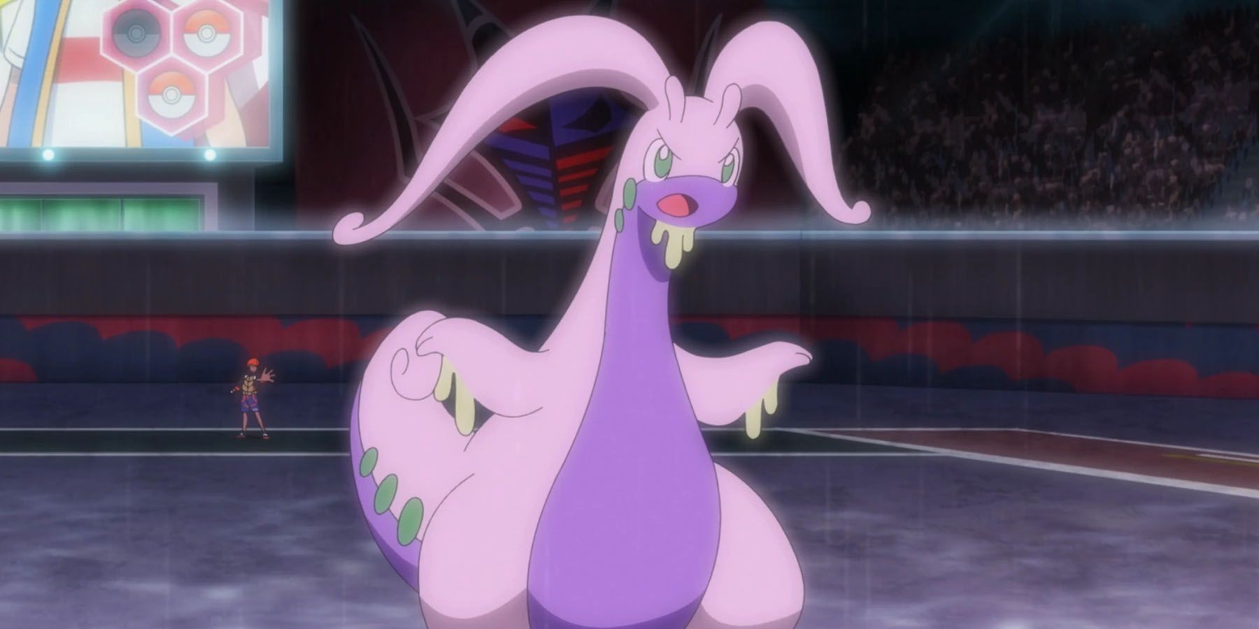 A screenshot of Goodra from the Pokemon anime.