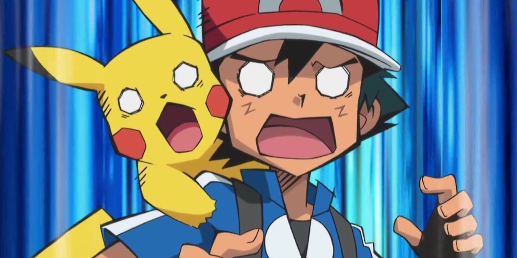 A screenshot of Ash and Pikachu looking in shock in the Pokemon anime.