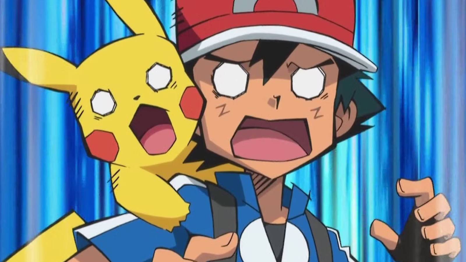 A screenshot of Ash and Pikachu looking in shock in the Pokemon anime.