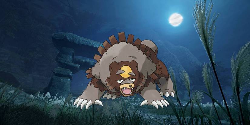 Ursaluna from Pokemon in the Shrine Ruins from Monster Hunter Rise