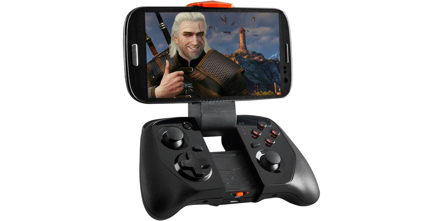PowerA Moga Hero Power Grip holding phone displaying The Witcher 3 Wild Hunt smiling Geralt giving thumbs up