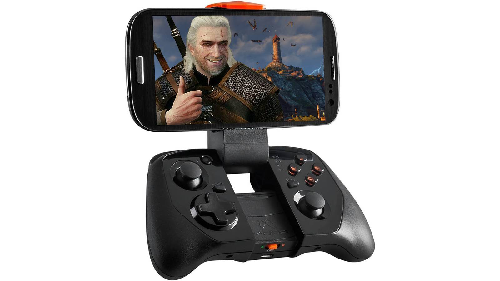 PowerA Moga Hero Power Grip holding phone displaying The Witcher 3 Wild Hunt smiling Geralt giving thumbs up