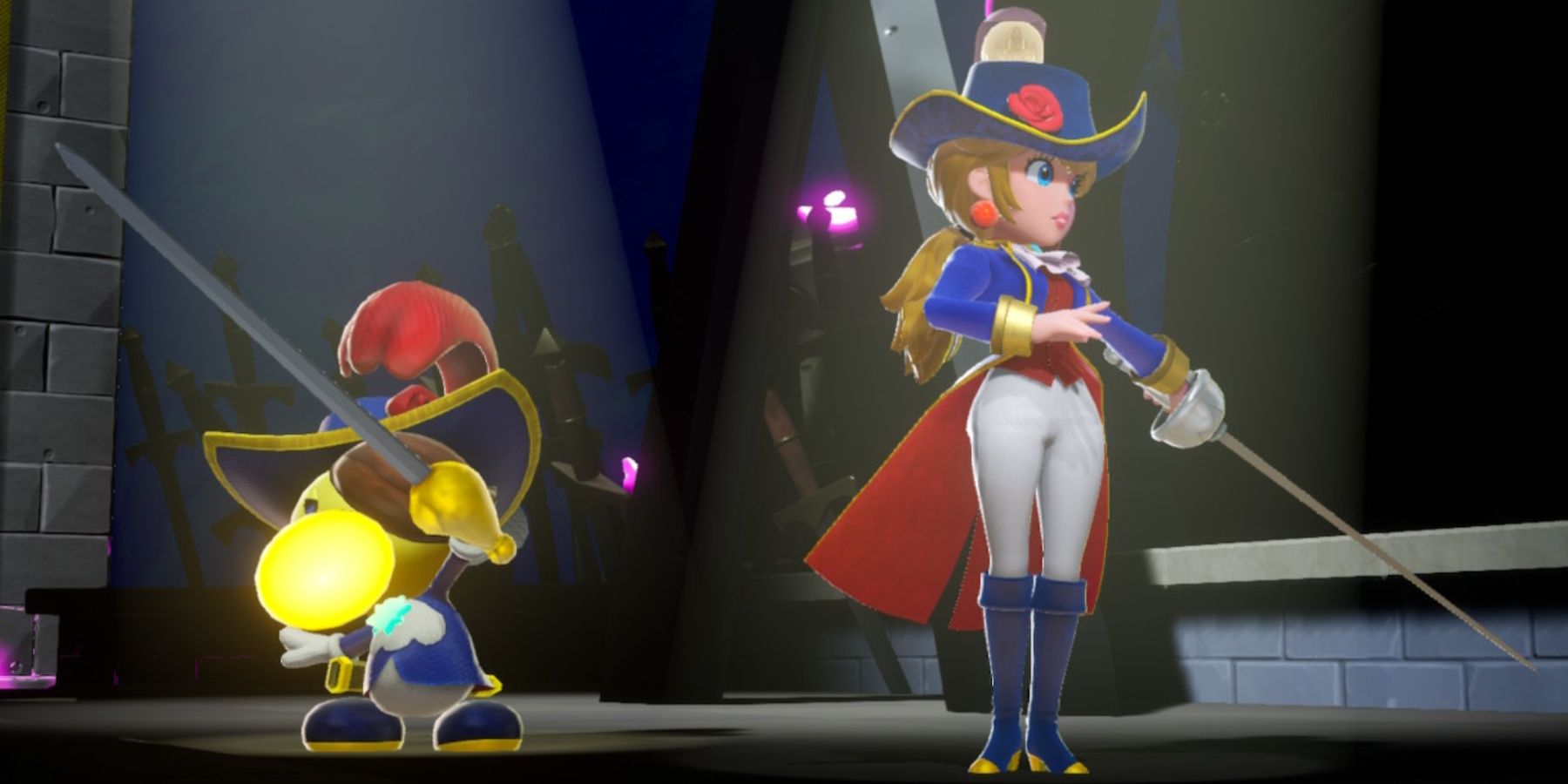 peach and swordfighter sparkla posing at the end of a level