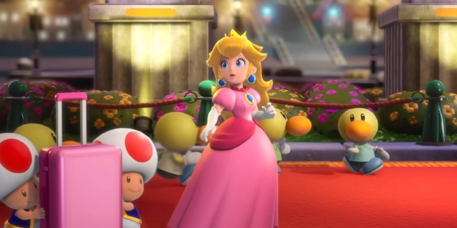 Princess Peach walking down a red carpet in Princess Peach: Showtime!