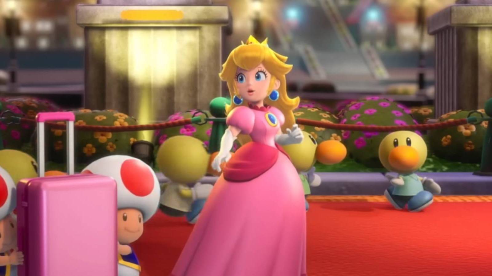 Princess Peach walking down a red carpet in Princess Peach: Showtime!