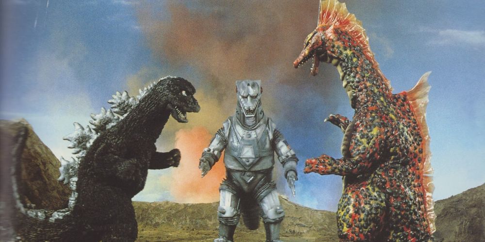 Promotional screenshot of Godzilla fighting Titanosaurus and Mechagodzilla.