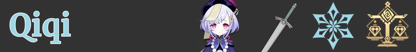a narrow image strip with icons representing qiqi's weapon, element, and region - sword cryo liyue - genshin impact