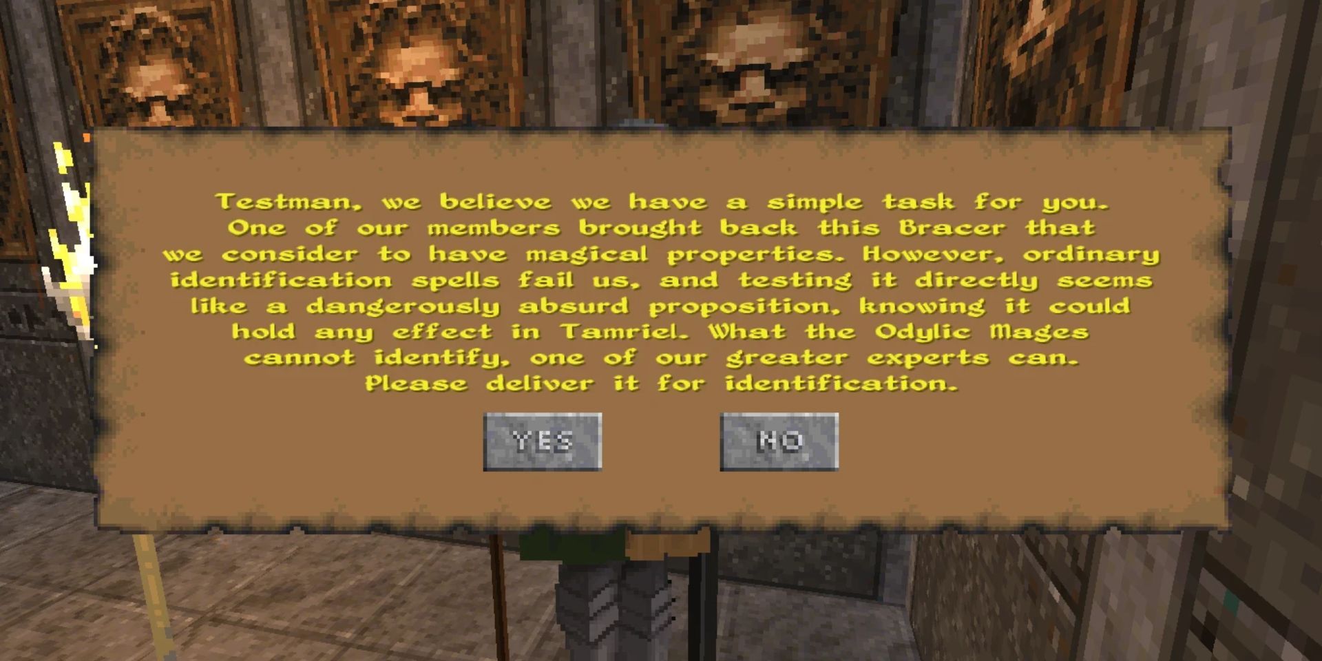 A prompt from a quest from Quest Pack 1 in Daggerfall Unity 