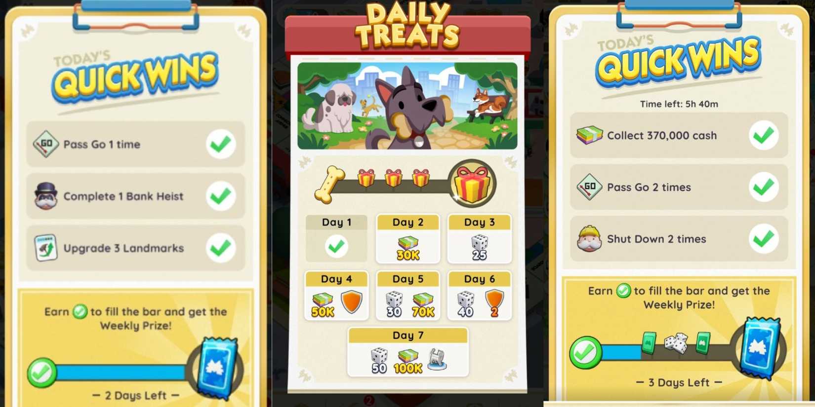 quick wins screens from the game monopoly go