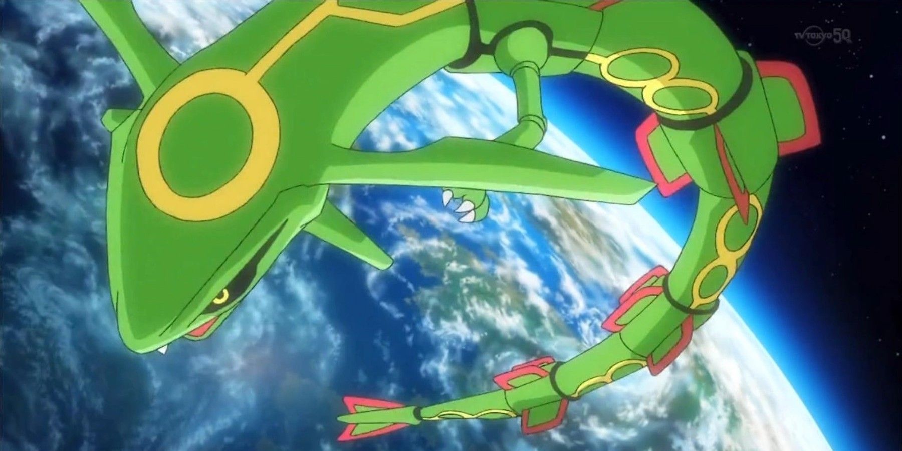 rayquaza flying in outer space in the pokemon anime