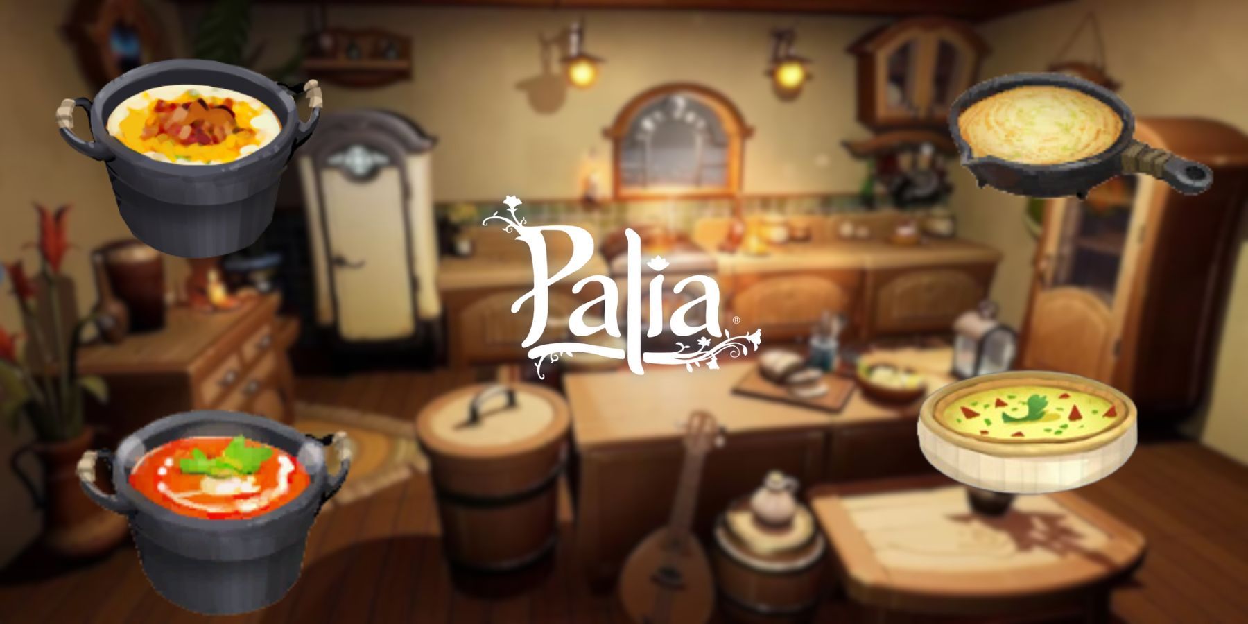 An image of a kitchen from Palia with a number of cooked dishes from the game