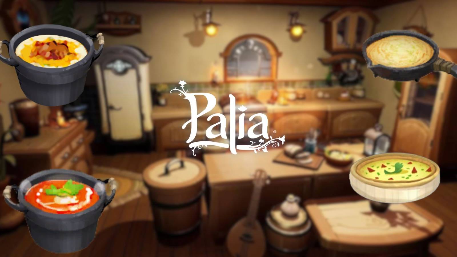 An image of a kitchen from Palia with a number of cooked dishes from the game