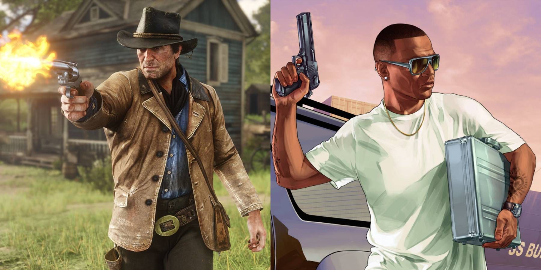 Arthur Morgan from Red Dead Redemption 2 and a character from Grand Theft Auto Online wielding guns