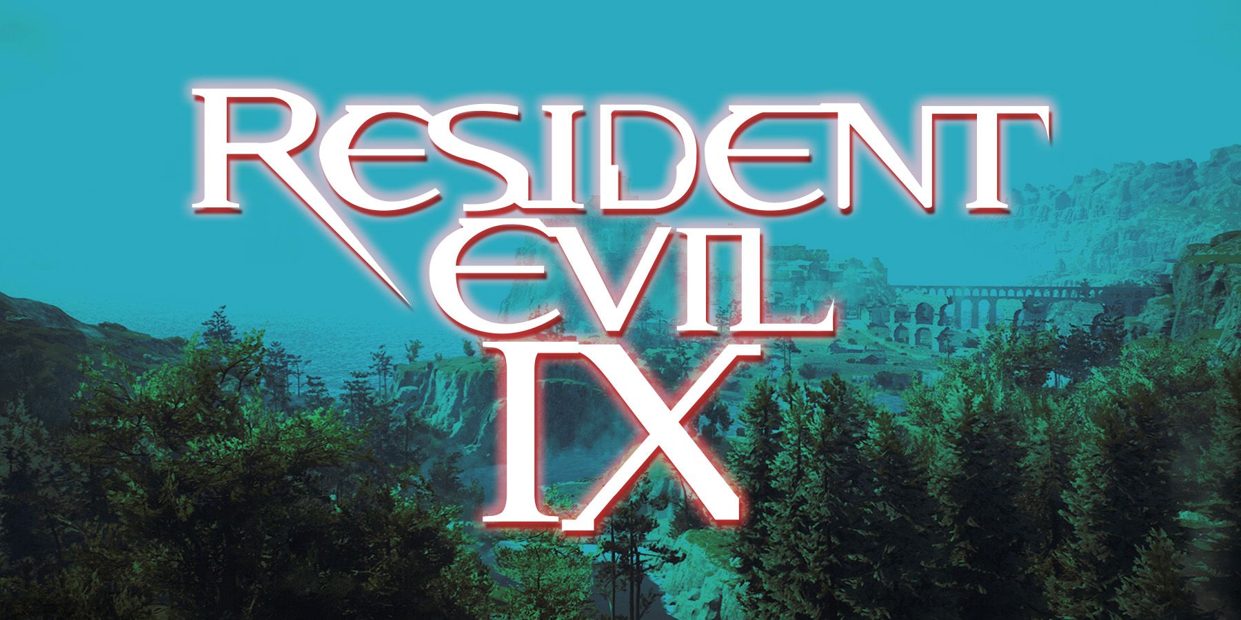 Resident Evil 9 logo mockup on turquoise tinted Dragons Dogma 2 open world landscape screenshot