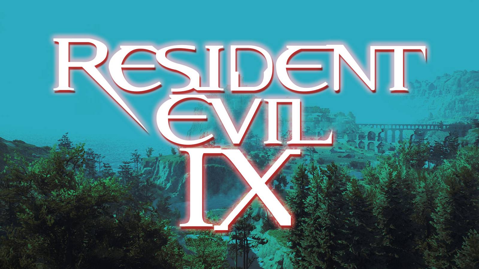 Resident Evil 9 logo mockup on turquoise tinted Dragons Dogma 2 open world landscape screenshot