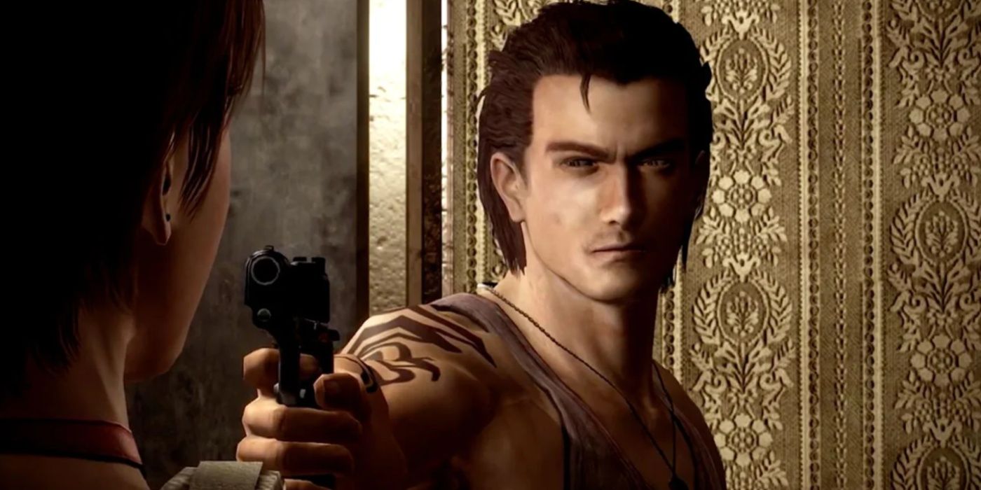 Resident Evil Billy Coen holding a gun to another character