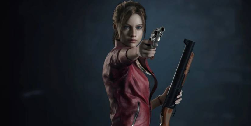Resident Evil Claire Redfield pointing bun and holding grenade launcher