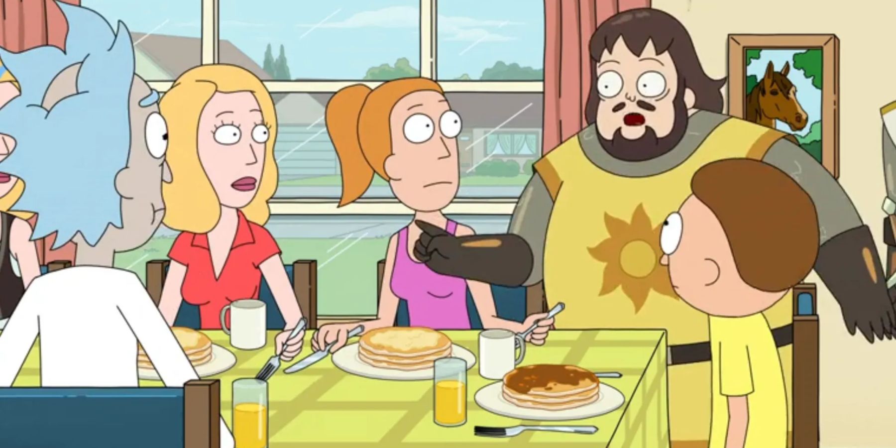 Rick and Morty having breakfast with a knight on Rick and Morty